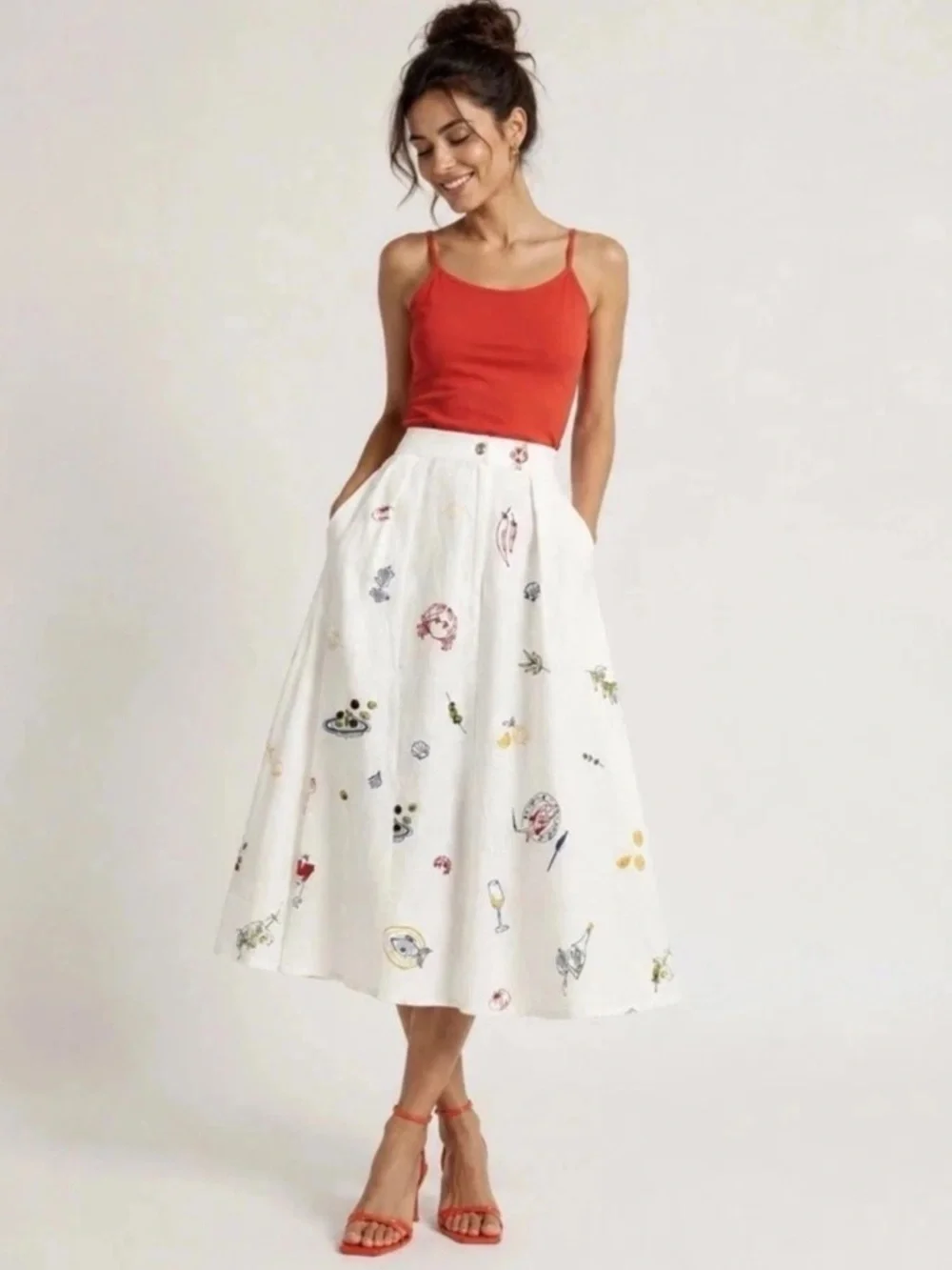 Caroline Constas Seafood Olives Fish Wine Embroidered White Linen Blend Skirt - Picture 16 of 17